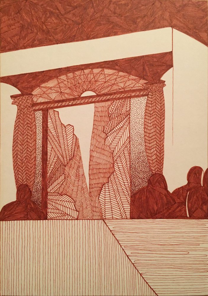 In sepia pen ink on paper: A gate or an image resembling a doorway exists and beyond it, an exotic, abstracted landscape. The figures live around this frame but are turned away as if the natural world on the other side is of no consequence.