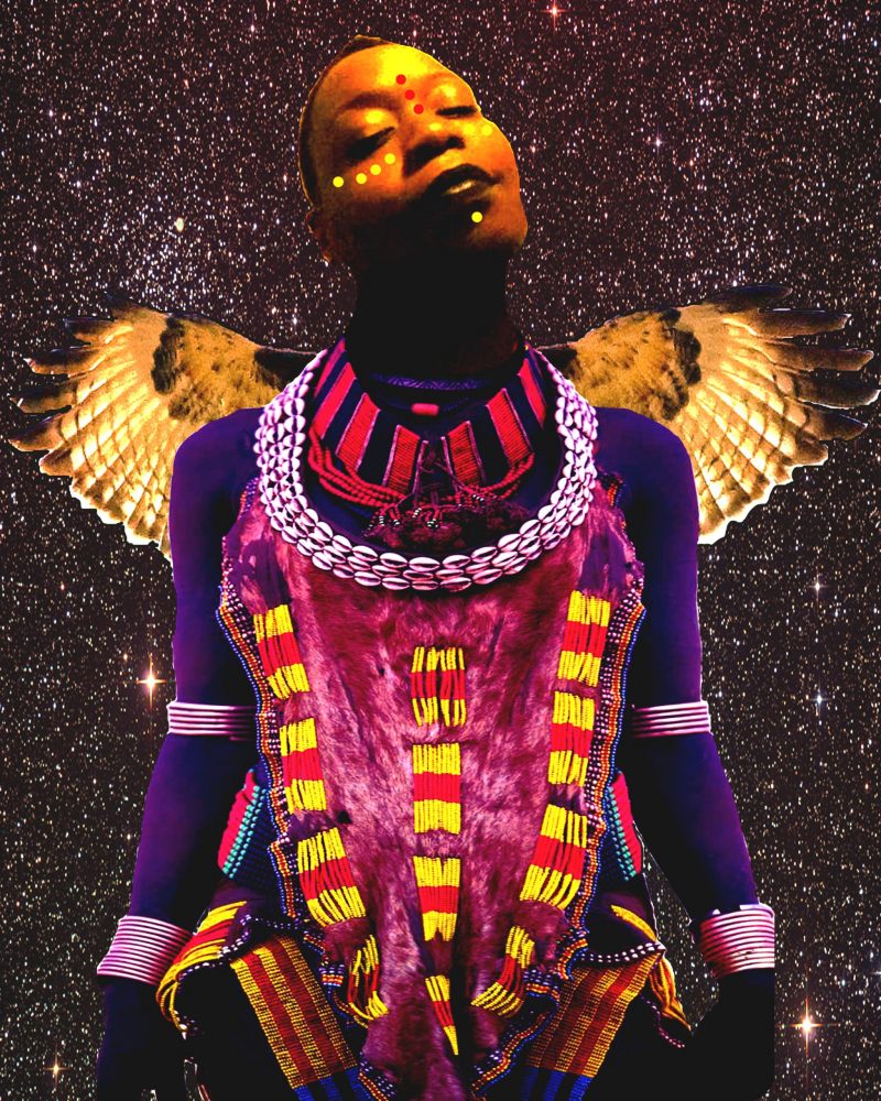 "God" – a black woman is facing forward, with wings behind her. Her neck and body are adorned with beads. Her face has a dotted pattern beneath her right eye, on the bridge of her nose, and underneath her bottom lip. 