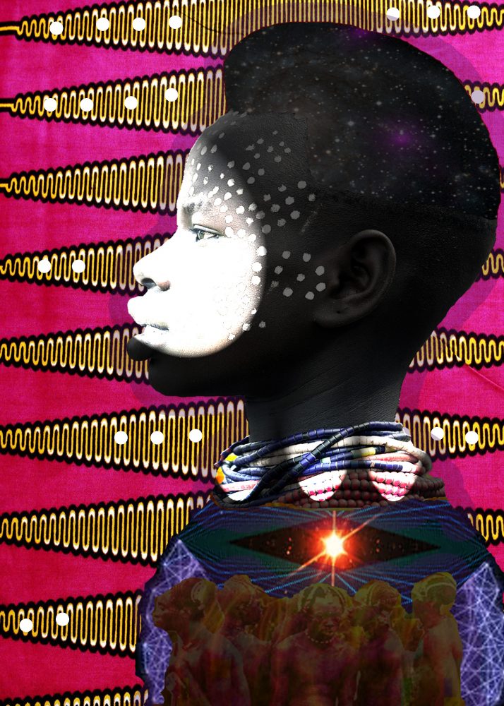 “Nkisi” – a dark-skinned black boy is featured in profile facing left, his neck and shoulder are visible as he is adorned with multi-colored beads and galactic armor; on his lips, nose, and around his eyes is a dense white powder that breaks into a dotted pattern that extends up his forehead, over his cheeks, and towards his ears; the background behind him featured bright pink and yellow triangles.