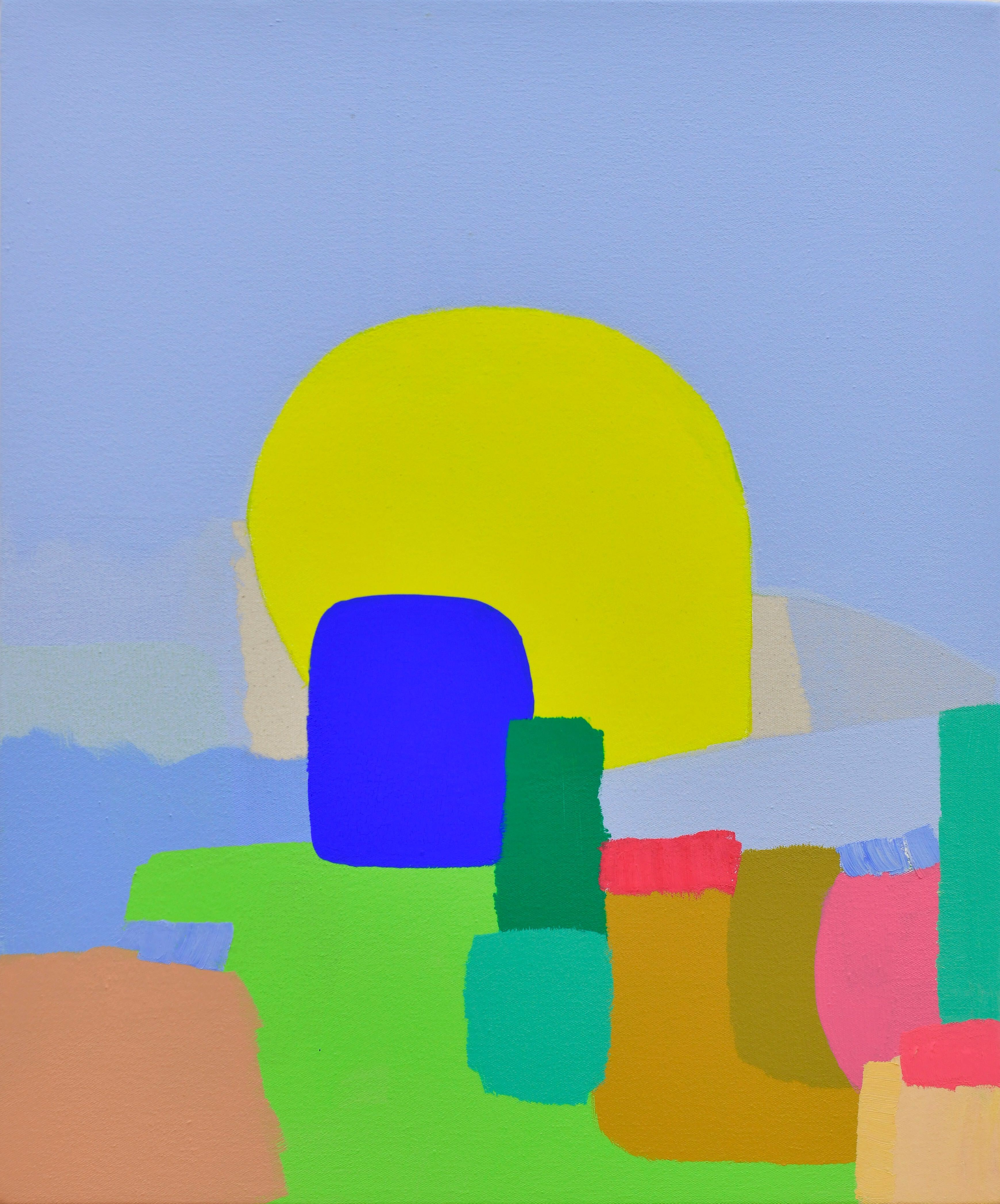 An abstract landscape of brightly colored shapes.