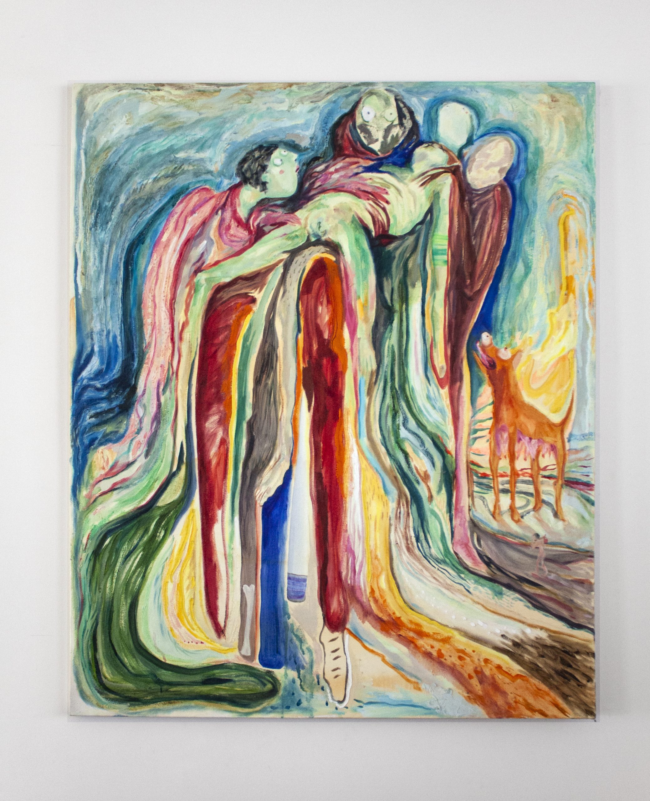 Painting of four abstract figures holding a female corpse, with a dog, against a melting sky