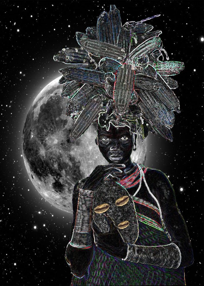 “Elevating Egun” – a bright glowing moon sits in the middle of a starlit black sky; in the foreground a dark-skinned girl wears a bountiful hat of corn while holding a mask with eyes and lips of enlarged cowrie shells; she is adorned in a green tunic that wraps around her waist, a red multi-layered necklace draping her chest, and large wrist cuffs; she is facing the viewers her gaze brazenly meeting the audience head on.