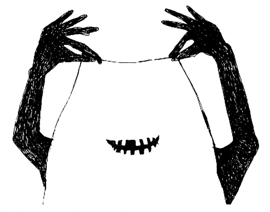 two black hands hold a white sheet over their body through the sheet, an eerie toothy smile emerges.
