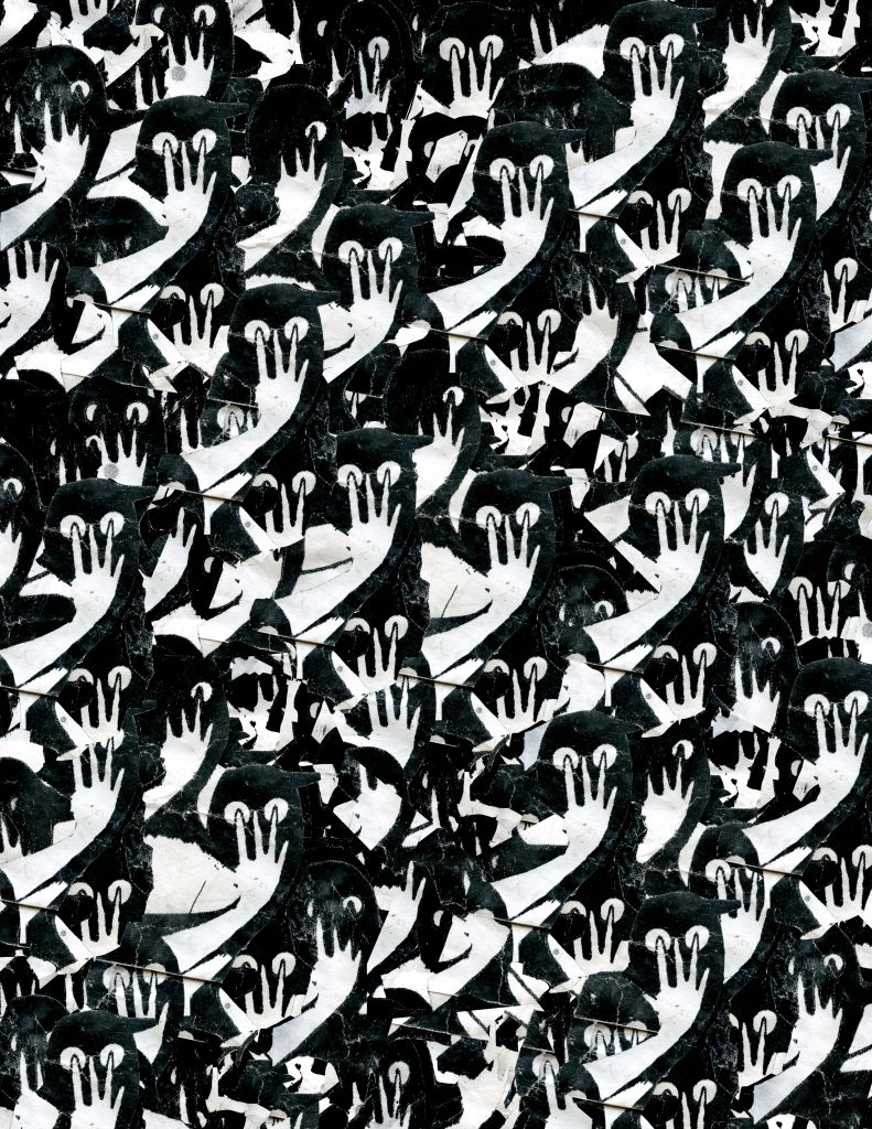 black and white image featuring a crowd of black faces with their mouths, eyes, and faces partially covered by white hands