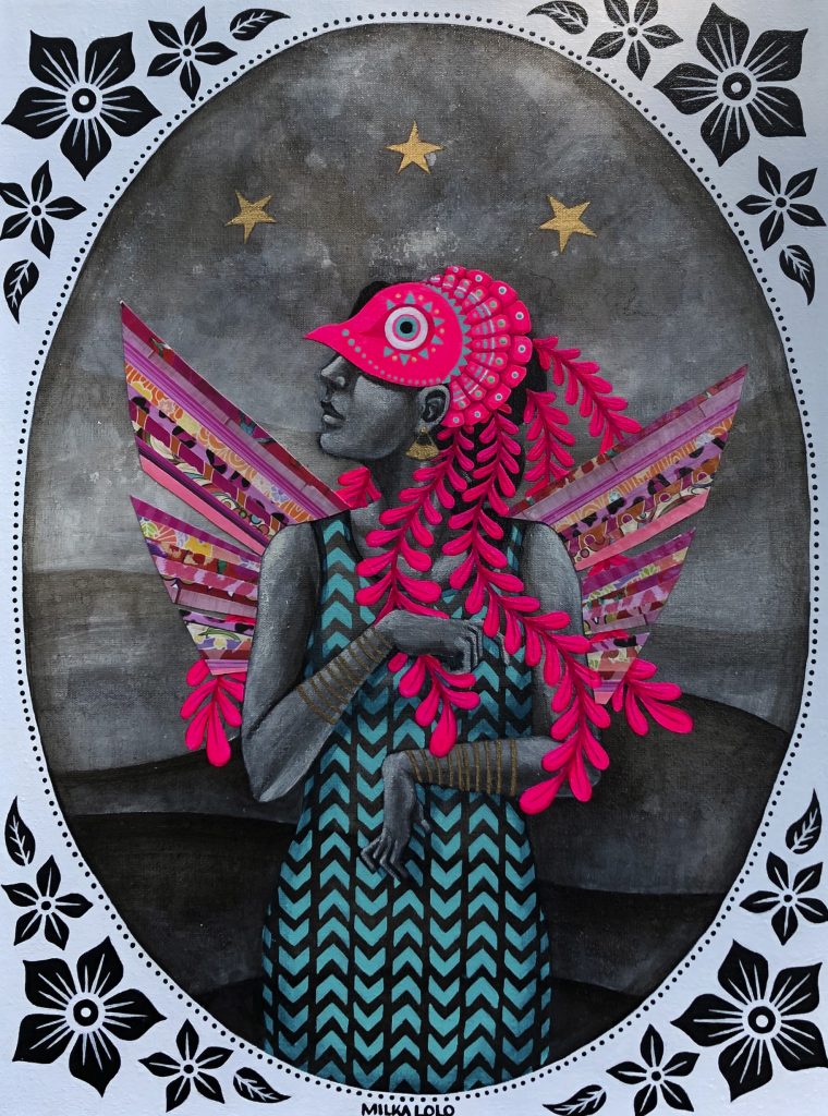 Painting of a feminine figure standing frontally, within an oval frame with three black flowers at each corner, and in front of grey hills with three gold stars in the sky above their head. They wear a turquoise and black chevron-patterned dress and a neon pink bird mask that covers the top of their face and head, with four long feathers hanging down across their chest and back. Their head is in profile to the left and their hands are held at angles in front of their chest and stomach. They have short, patterned pink wings.