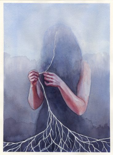 watercolor on paper of a feminine figure standing in a fog in a black dress with dark hair covering their face; the figure holds their hands up to twist a white root or thread of some kind that extends from the top of their head toward the lower part of the frame, spreading out as it descends