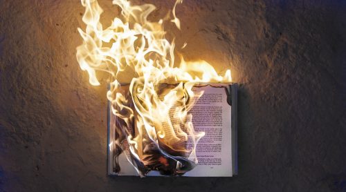 color photograph of an open book on fire