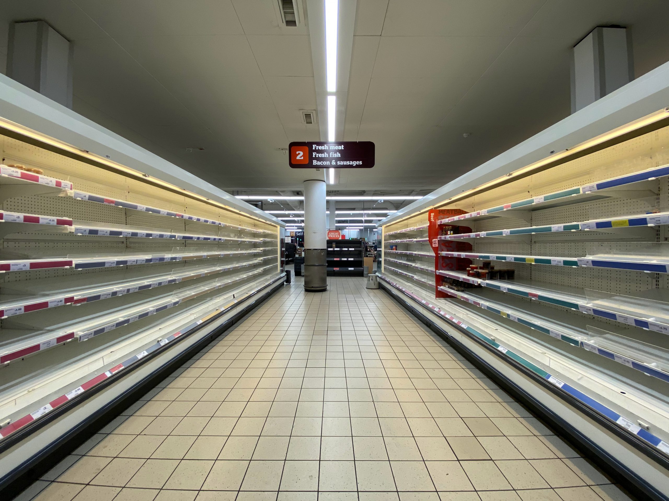 Picture of a grocery aisle with empty shelves